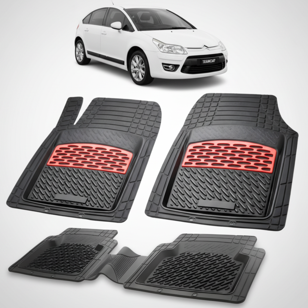 set de covorase din cauciuc negre cu accente rosii cu o un citroen c4 hatchback 5 usi facelift alb in fundal