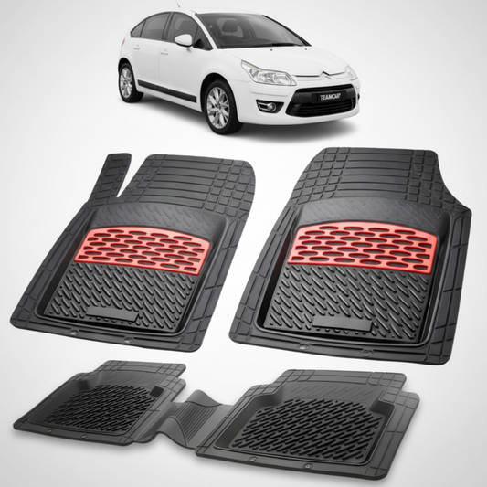 set de covorase din cauciuc negre cu accente rosii cu o un citroen c4 hatchback 5 usi facelift alb in fundal