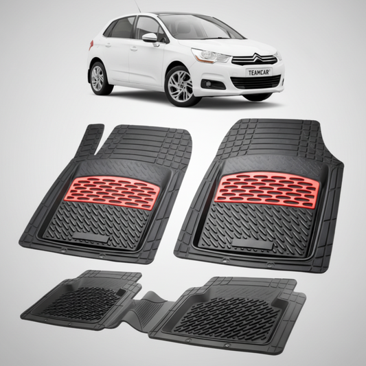 set de covorase din cauciuc negre cu accente rosii cu o un citroen c4 hatchback 5 usi generatia 2  alb in fundal