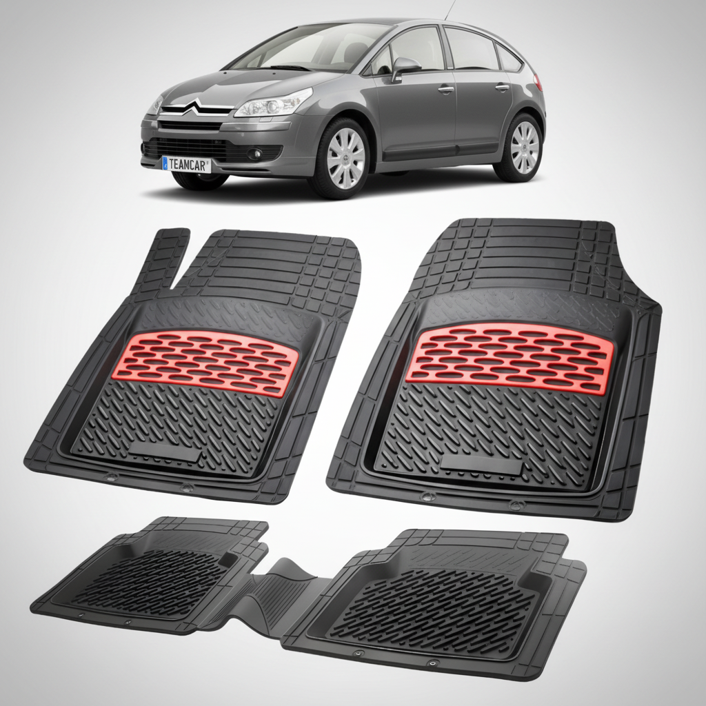 set de covorase din cauciuc negre cu accente rosii cu o un citroen c4 hatchback 5 usi pre-facelift gri in fundal