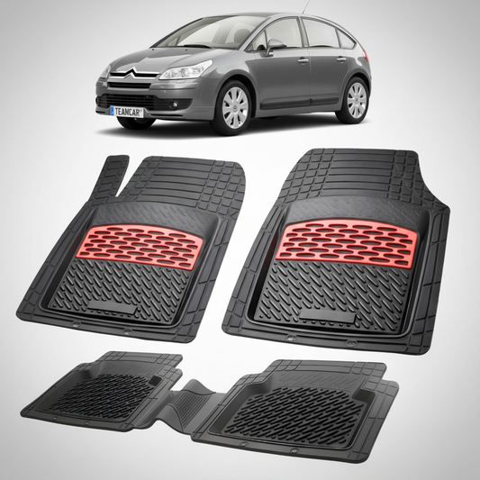 set de covorase din cauciuc negre cu accente rosii cu o un citroen c4 hatchback 5 usi pre-facelift gri in fundal