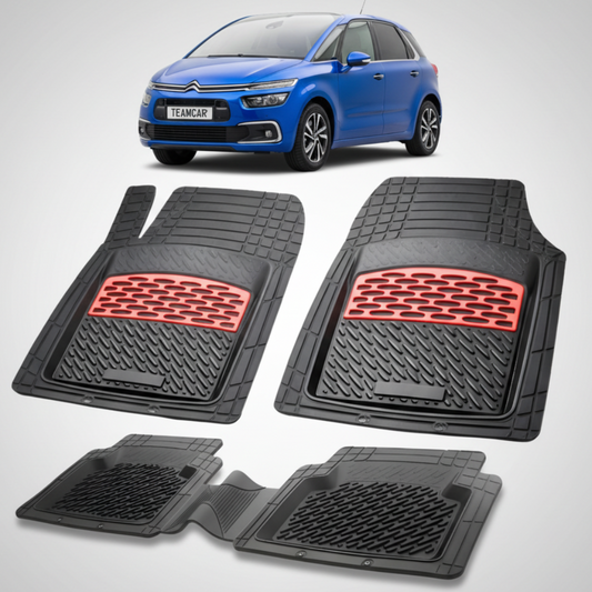 set de covorase din cauciuc negre cu accente rosii cu o un citroen c4 picasso mpv facelift albastru in fundal