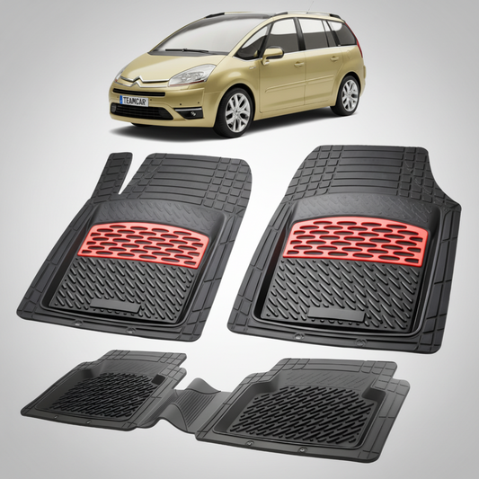 set de covorase din cauciuc negre cu accente rosii cu o un citroen c4 picasso mpv pre-facelift galben in fundal