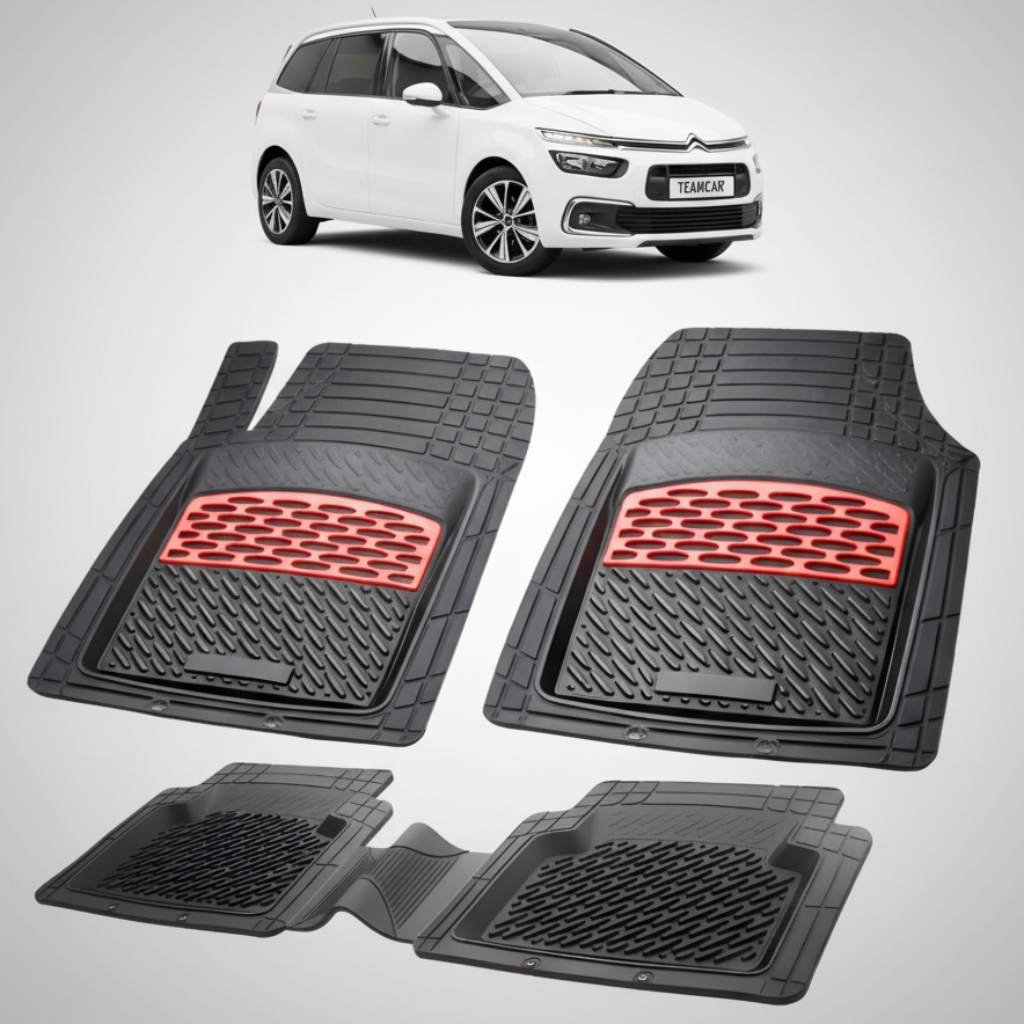 set de covorase din cauciuc negre cu accente rosii cu o un citroen c4 spacetourer mpv gen2 alb in fundal
