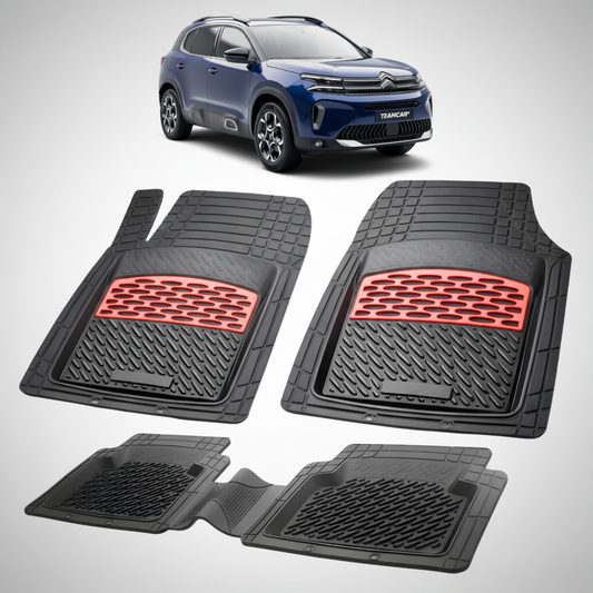 set de covorase din cauciuc negre cu accente rosii cu o un citroen c5 aircross suv facelift albastru in fundal