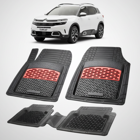 set de covorase din cauciuc negre cu accente rosii cu o un citroen c5 aircross suv gen 1 alb in fundal