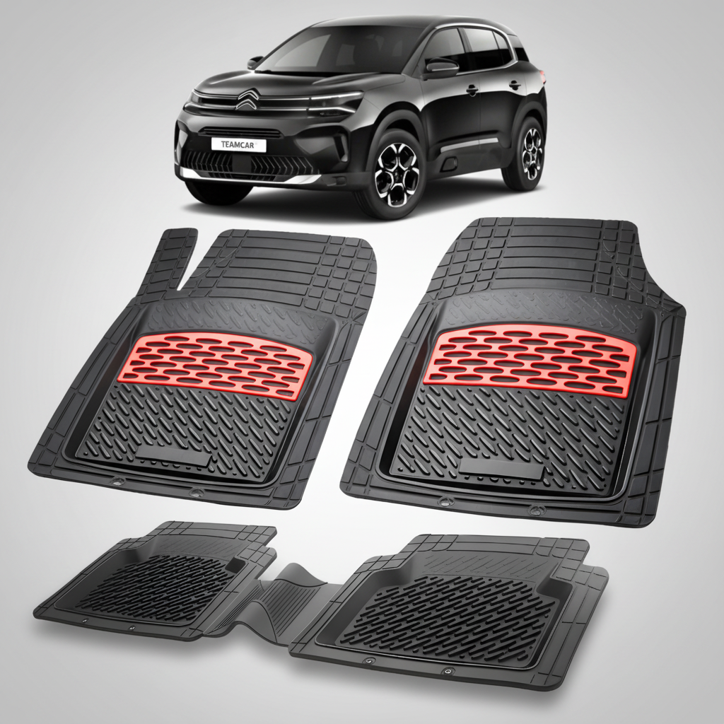 Set of black car floor mats with red accents on a white background, featuring a Citroen car.