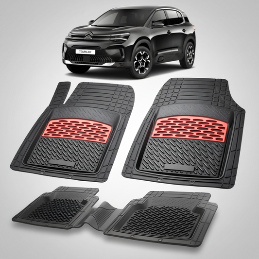 Set of black car floor mats with red accents on a white background, featuring a Citroen car.