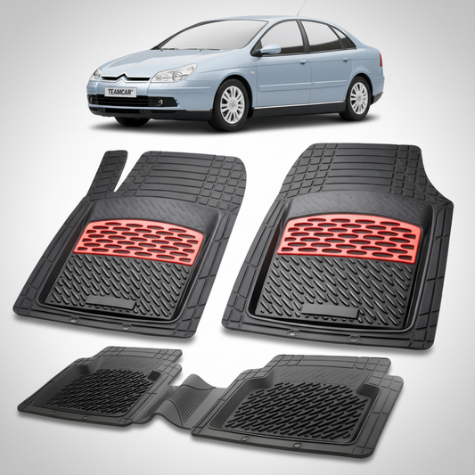 set de covorase din cauciuc negre cu accente rosii cu o un citroen c5 generatia i albastru in fundal