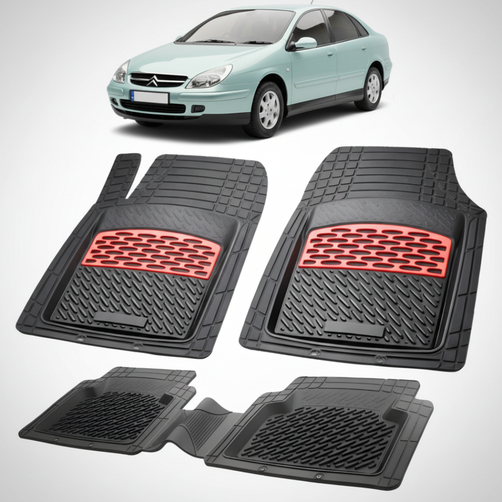 set de covorase din cauciuc negre cu accente rosii cu o un citroen c5 sedan facelift verde deschis in fundal