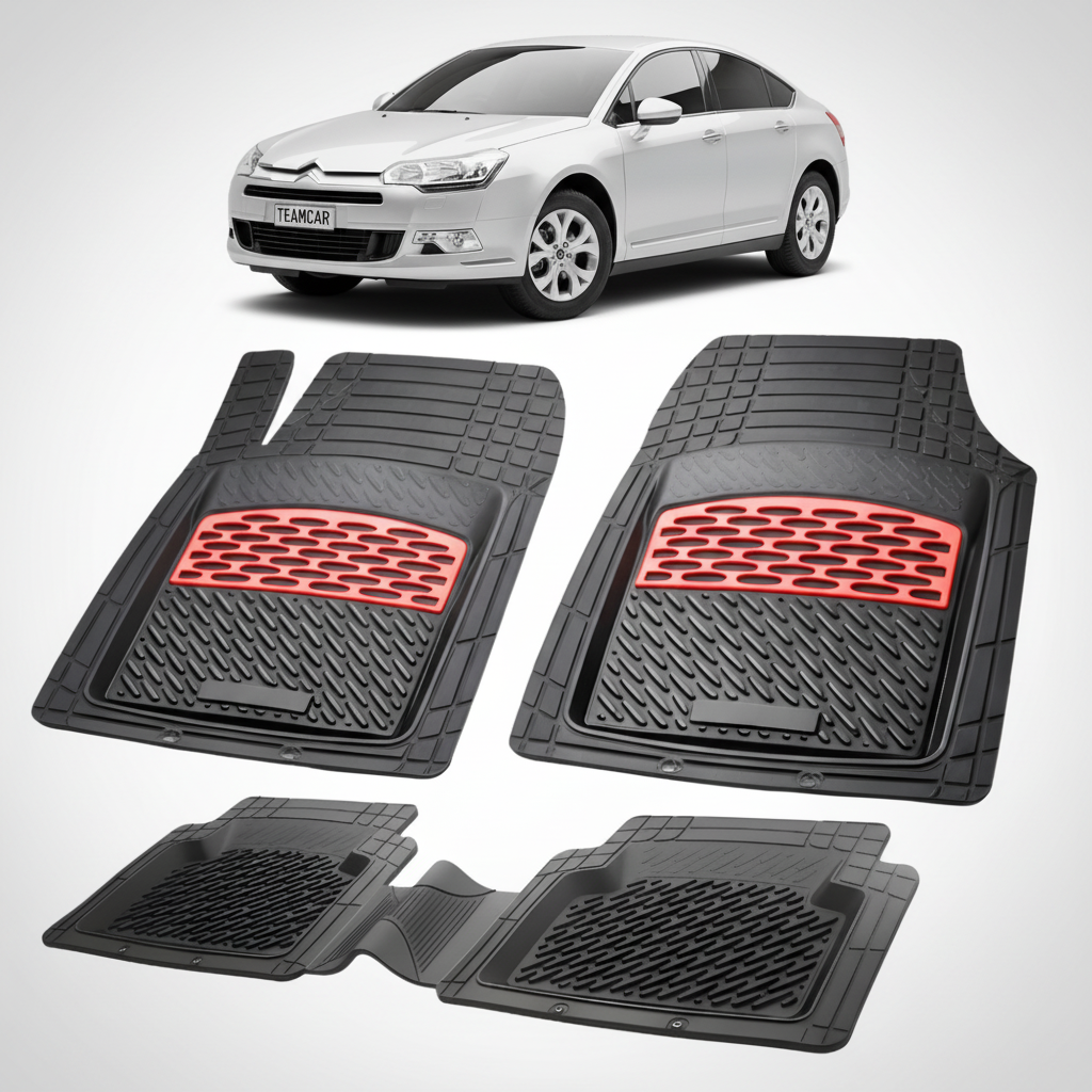 set de covorase din cauciuc negre cu accente rosii cu o un citroen c5 sedan gen2 argintiu in fundal