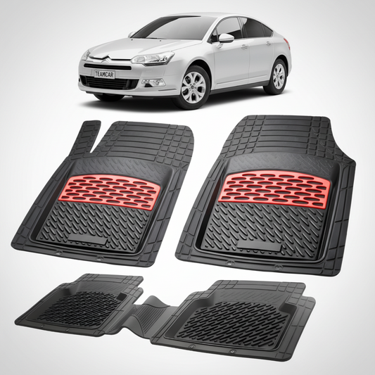 set de covorase din cauciuc negre cu accente rosii cu o un citroen c5 sedan gen2 argintiu in fundal