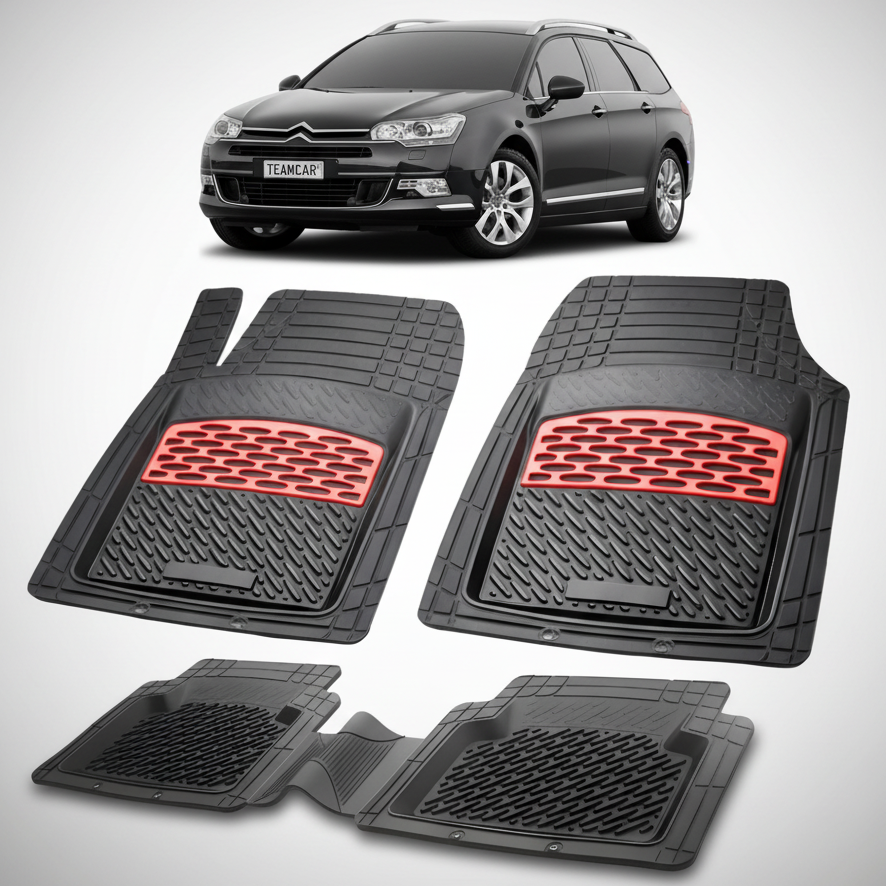 set de covorase din cauciuc negre cu accente rosii cu o un citroen c5 tourer gen2 negru in fundal