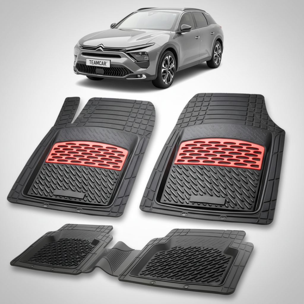 set de covorase din cauciuc negre cu accente rosii cu o un citroen c5 X gri in fundal
