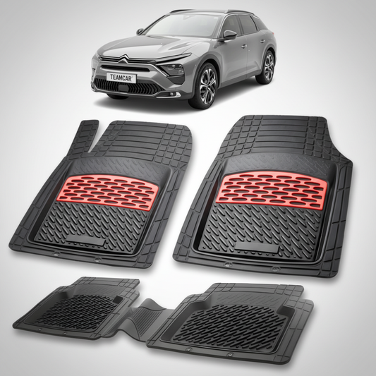 set de covorase din cauciuc negre cu accente rosii cu o un citroen c5 X gri in fundal