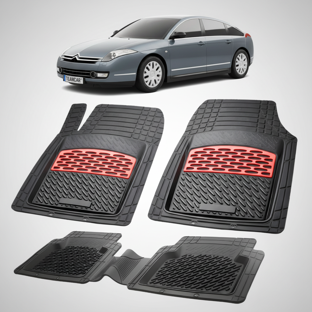 set de covorase din cauciuc negre cu accente rosii cu o un citroen c6 sedan gen1 gri inchis in fundal