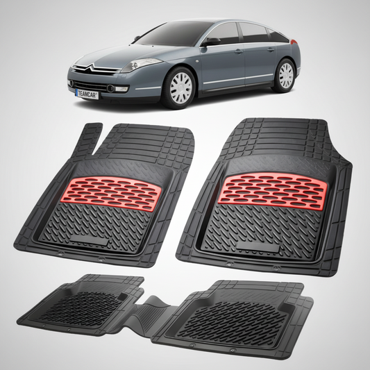 set de covorase din cauciuc negre cu accente rosii cu o un citroen c6 sedan gen1 gri inchis in fundal