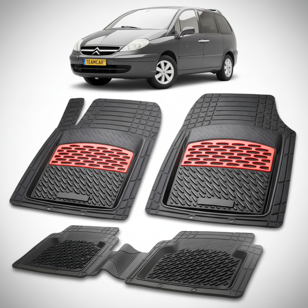 set de covorase din cauciuc negre cu accente rosii cu o un citroen c8 generatia i gri in fundal