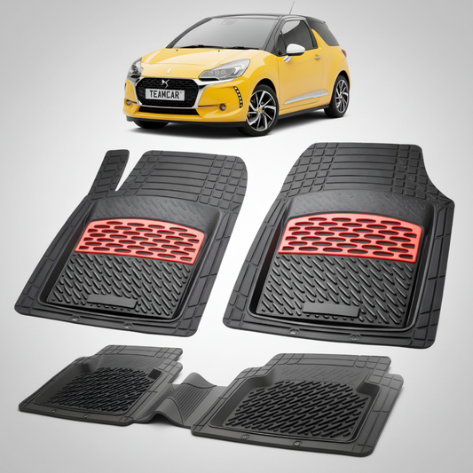 set de covorase din cauciuc negre cu accente rosii cu o un citroen ds3 hatchback 3 usi facelift galben in fundal
