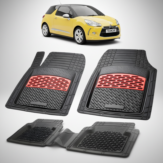 set de covorase din cauciuc negre cu accente rosii cu o un citroen ds3 hatchback 3 usi pre-facelift galben in fundal