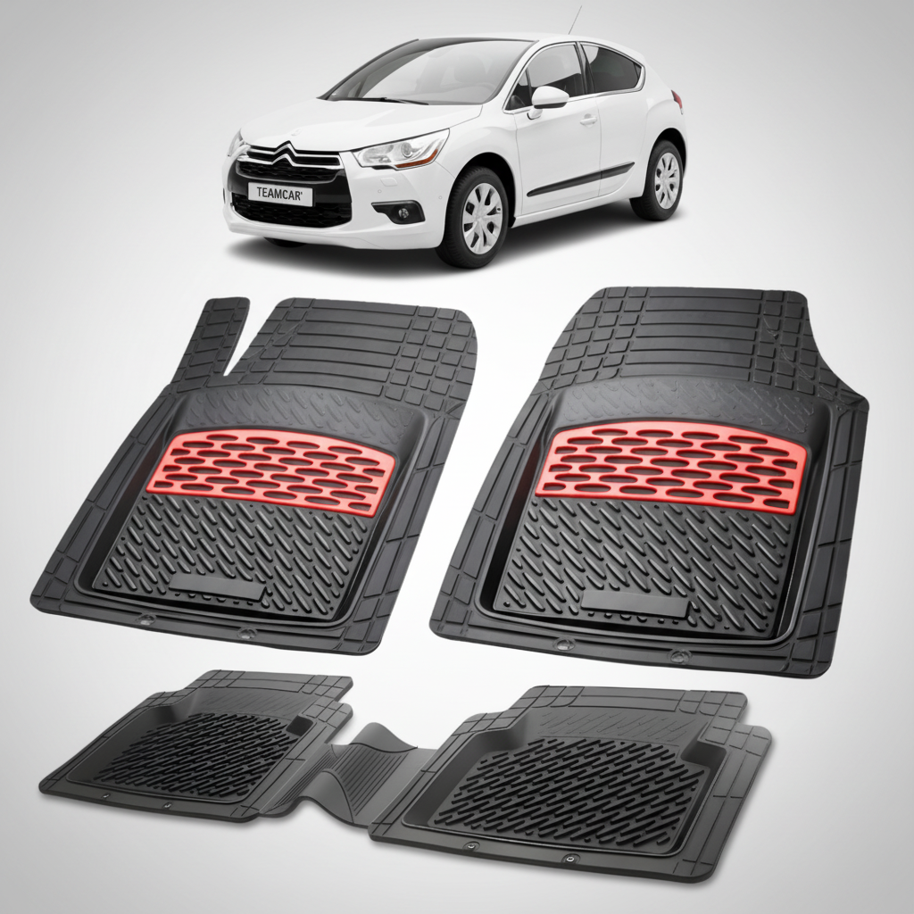 set de covorase din cauciuc negre cu accente rosii cu o un citroen ds4 hatchback gen 1 alb in fundal
