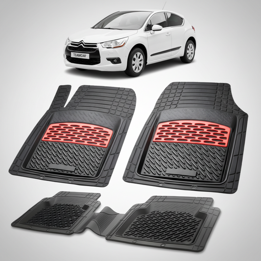set de covorase din cauciuc negre cu accente rosii cu o un citroen ds4 hatchback gen 1 alb in fundal