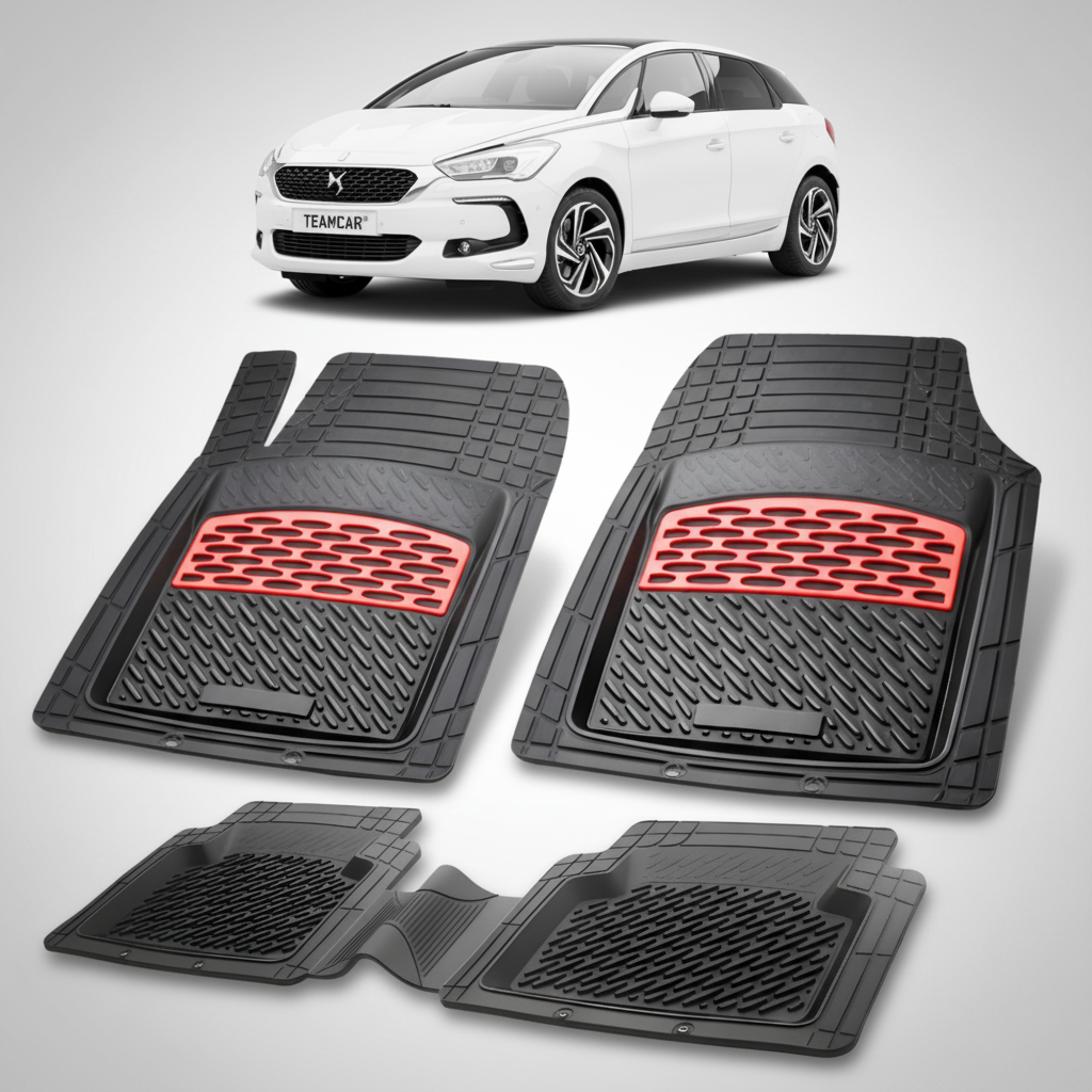 set de covorase din cauciuc negre cu accente rosii cu o un citroen ds5 hatchback facelift alb in fundal