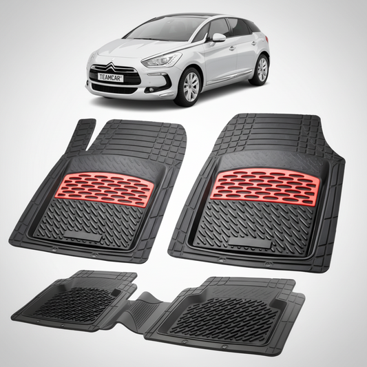 set de covorase din cauciuc negre cu accente rosii cu o un citroen ds5 hatchback gen1 gri inchis in fundal