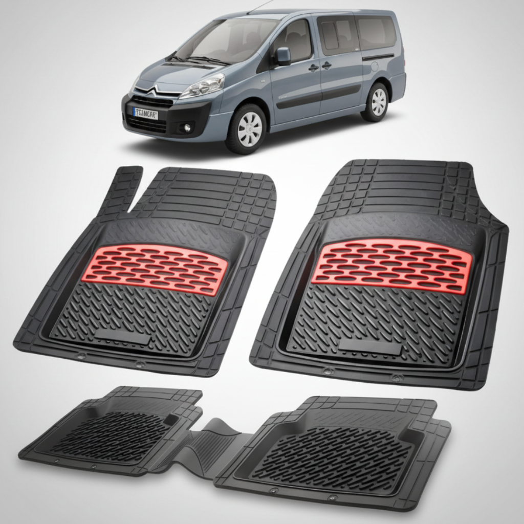 set de covorase din cauciuc negre cu accente rosii cu o un citroen jumpy gri inchis in fundal