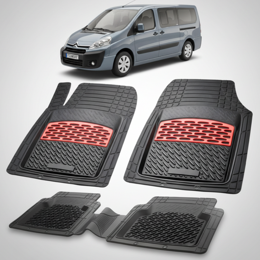 set de covorase din cauciuc negre cu accente rosii cu o un citroen jumpy gri inchis in fundal