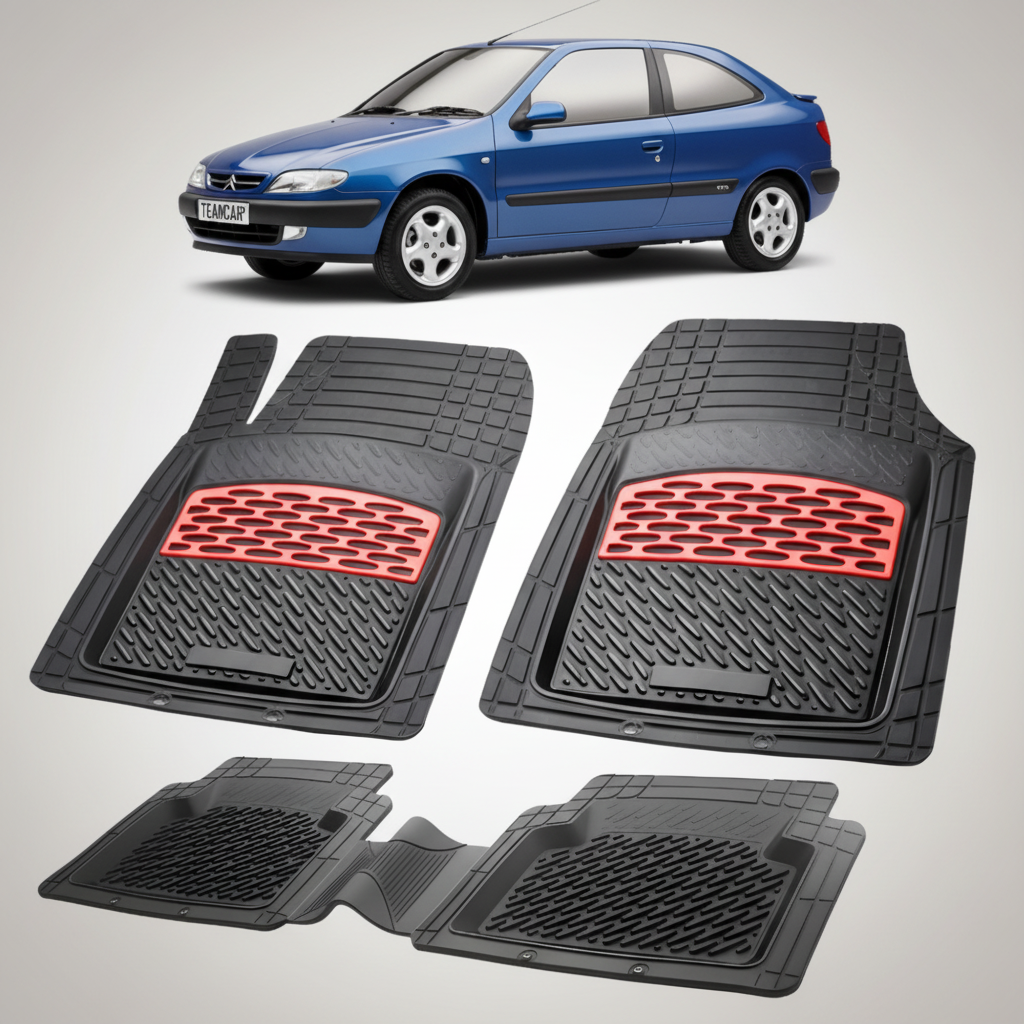 set de covorase din cauciuc negre cu accente rosii cu o un citroen xsara generatia i albastru in fundal