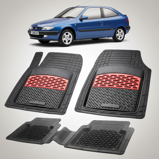 set de covorase din cauciuc negre cu accente rosii cu o un citroen xsara generatia i albastru in fundal