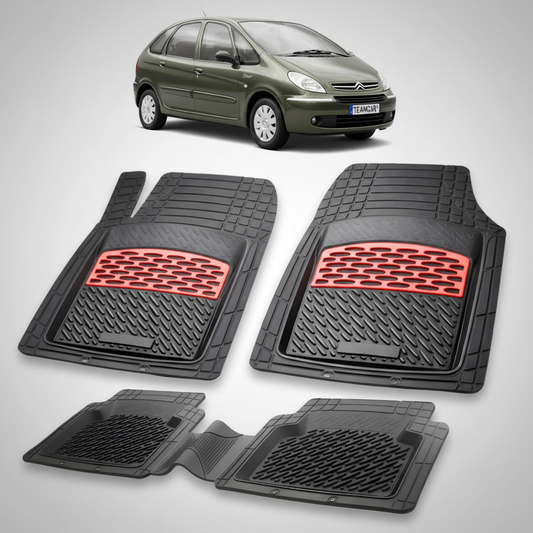 set de covorase din cauciuc negre cu accente rosii cu o un citroen xsara picasso generatia i verde inchis in fundal