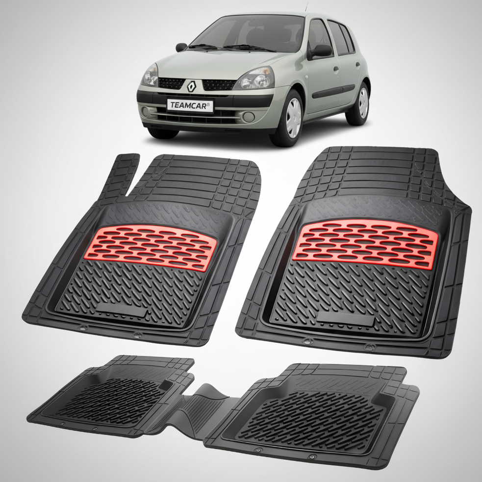 Set of car floor mats with red honeycomb pattern on a white background, featuring a small inset of a car.