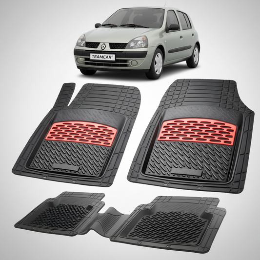 Set of car floor mats with red honeycomb pattern on a white background, featuring a small inset of a car.