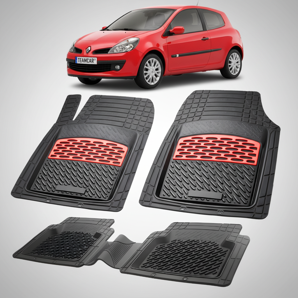 Set of black car mats with red accents on a white background, featuring a red car.