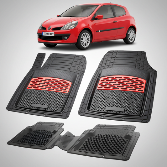 Set of black car mats with red accents on a white background, featuring a red car.