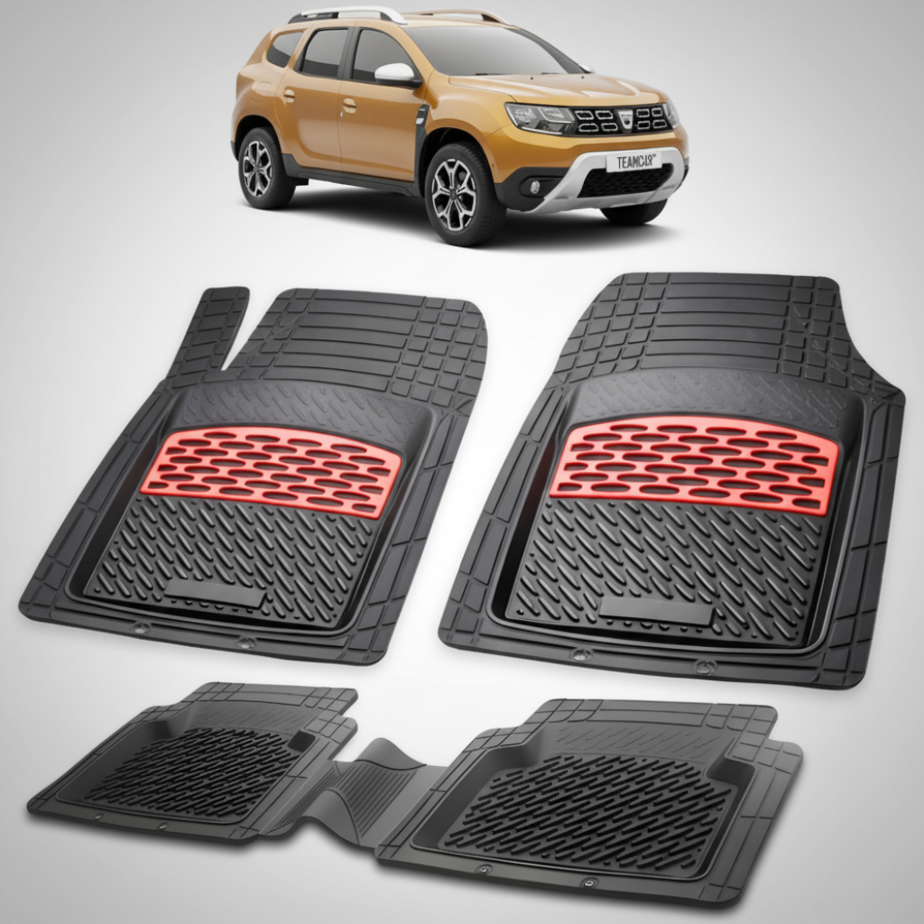 set de covorase din cauciuc negre cu accente rosii cu dacia duster ii suv auriu in fundal