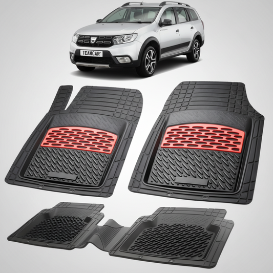 set de covorase din cauciuc negre cu accente rosii cu dacia logan mcv stepway gri in fundal