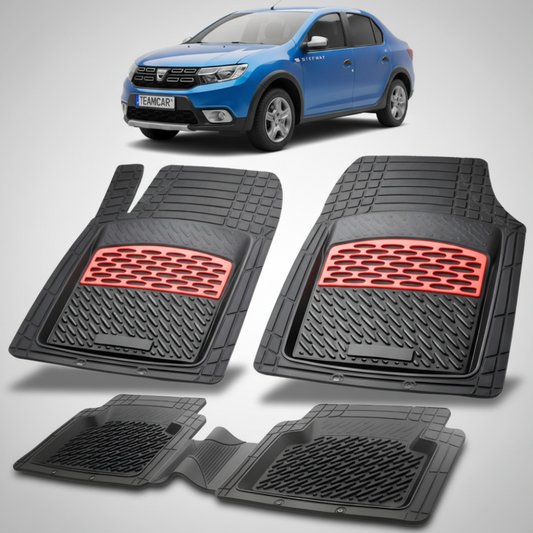 set de covorase din cauciuc negre cu accente rosii cu dacia logan stepway albastra in fundal