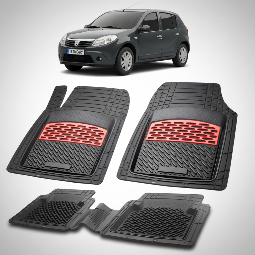 set de covorase din cauciuc negre cu accente rosii cu dacia sandero i hatchback neagra in fundal
