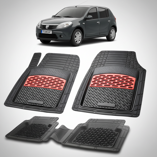 set de covorase din cauciuc negre cu accente rosii cu dacia sandero i hatchback neagra in fundal