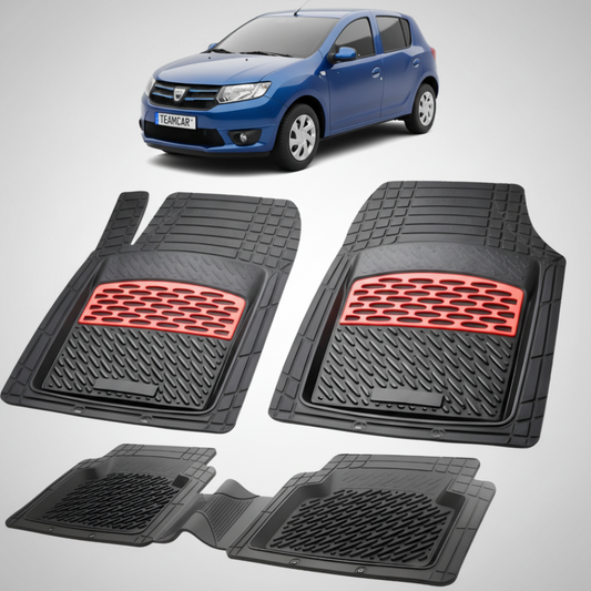 set de covorase din cauciuc negre cu accente rosii cu dacia sandero ii hatchback albastra in fundal