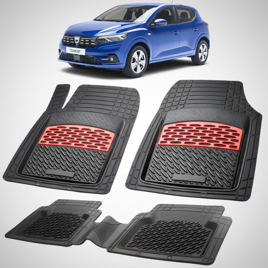 set de covorase din cauciuc negre cu accente rosii cu dacia sandero iii hatchback albastra in fundal