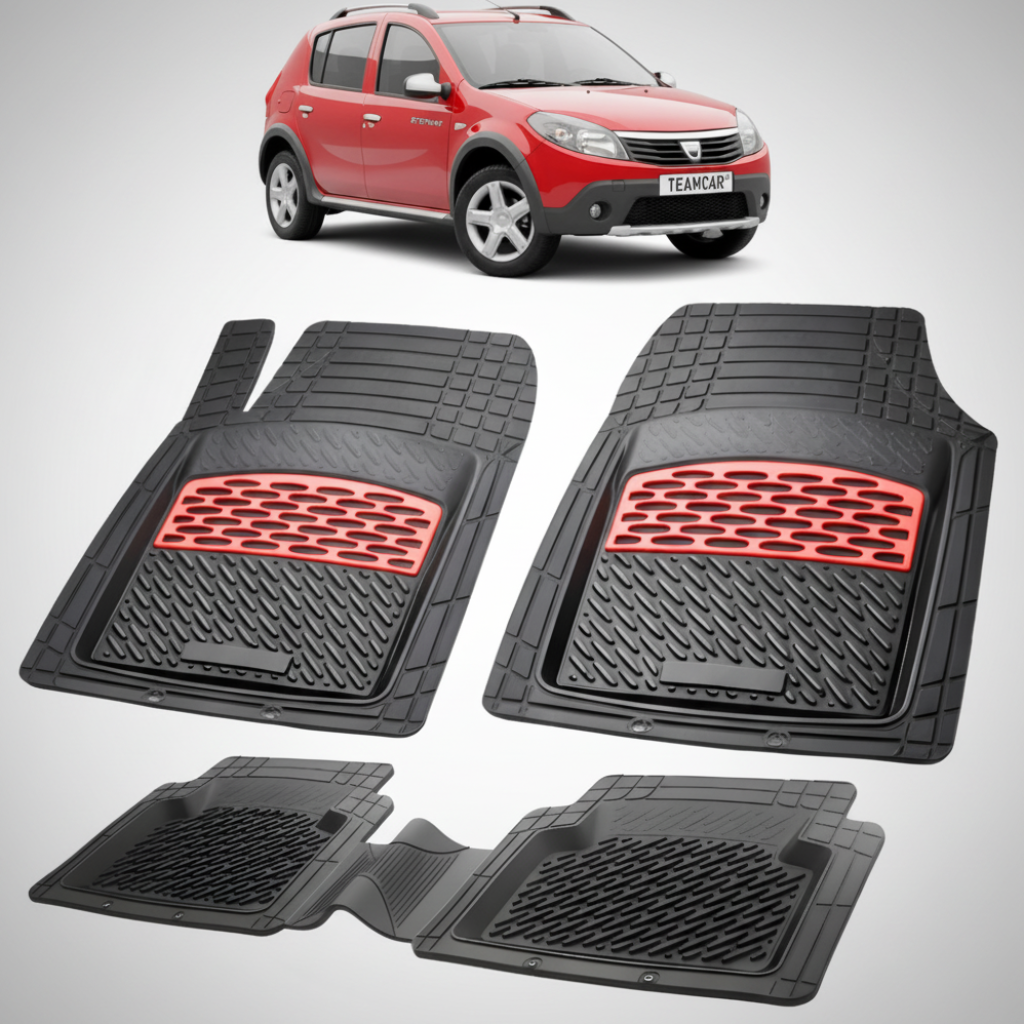 set de covorase din cauciuc negre cu accente rosii cu dacia sandero stepway rosie in fundal