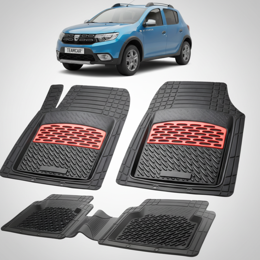 set de covorase din cauciuc negre cu accente rosii cu dacia sandero ii stepway albastra in fundal