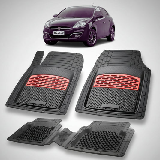 set de covorase din cauciuc negre cu accente rosii cu un fiat bravo facelift hatchback negru in fundal