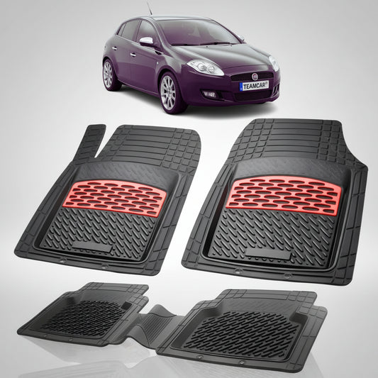 set de covorase din cauciuc negre cu accente rosii cu un fiat bravo hatchback negru in fundal