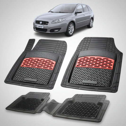 set de covorase din cauciuc negre cu accente rosii cu un fiat croma facelift station wagon gri in fundal