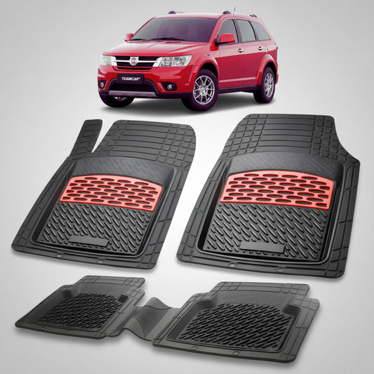 set de covorase din cauciuc negre cu accente rosii cu un fiat freemont suv rosu in fundal